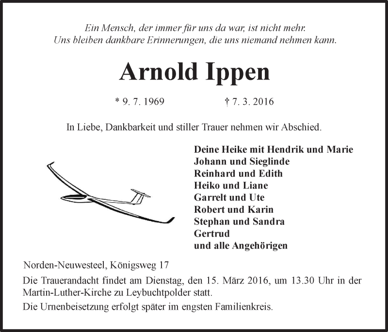  Traueranzeige für Arnold Ippen vom 12.03.2016 aus 