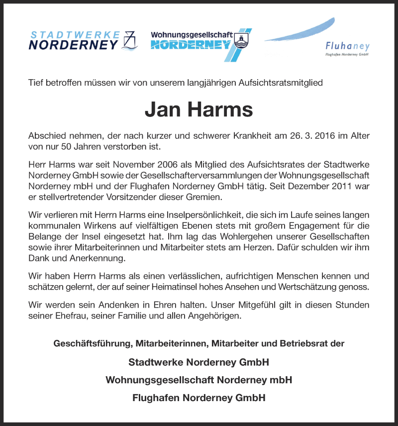  Traueranzeige für Jan Harms vom 31.03.2016 aus 