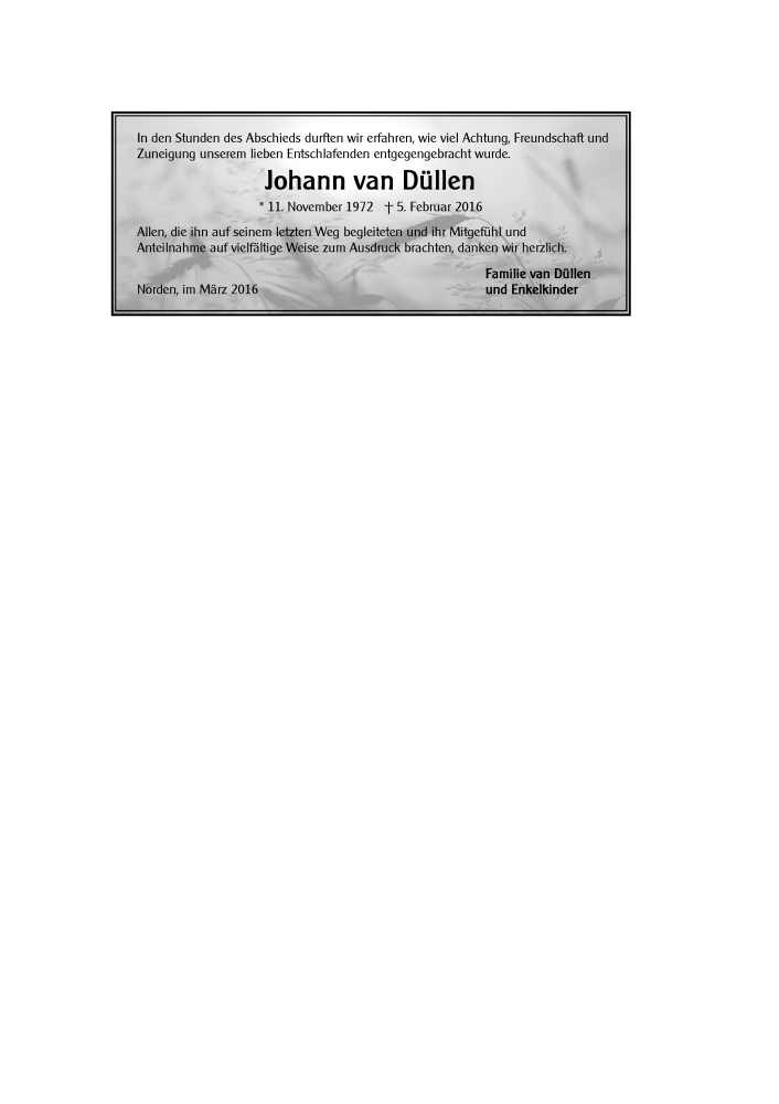  Traueranzeige für Johann van Düllen vom 12.03.2016 aus 