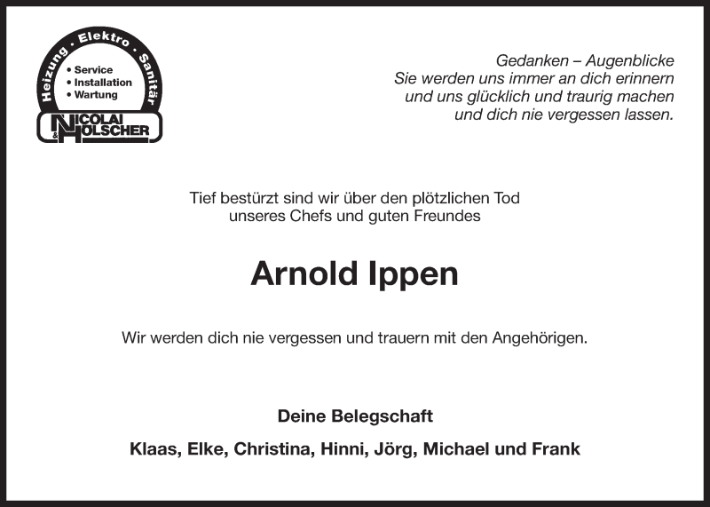  Traueranzeige für Arnold Ippen vom 12.03.2016 aus 