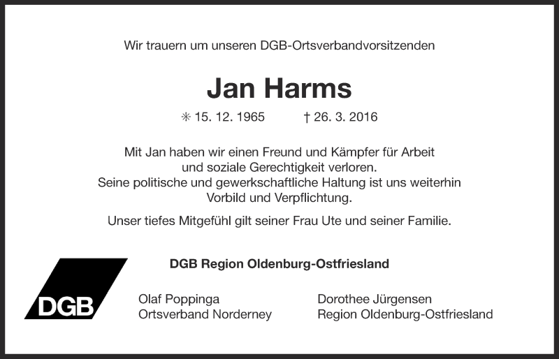  Traueranzeige für Jan Harms vom 31.03.2016 aus 