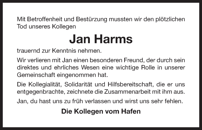  Traueranzeige für Jan Harms vom 31.03.2016 aus 