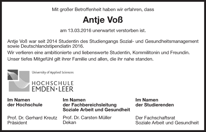  Traueranzeige für Antje Voß vom 17.03.2016 aus 