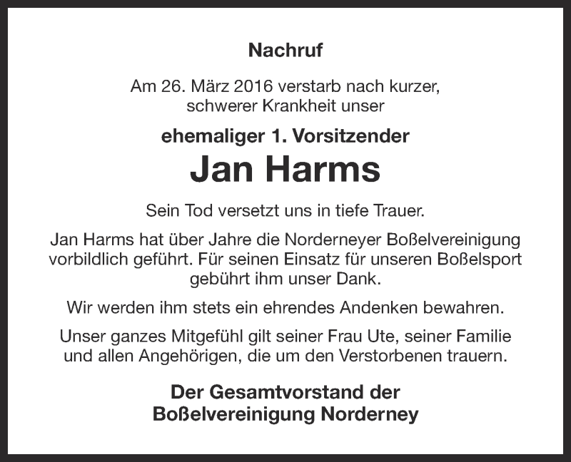  Traueranzeige für Jan Harms vom 31.03.2016 aus 