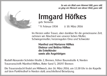 Traueranzeige von Irmgard Höfkes 