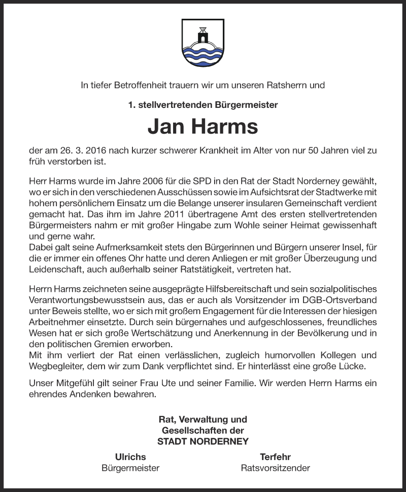  Traueranzeige für Jan Harms vom 31.03.2016 aus 