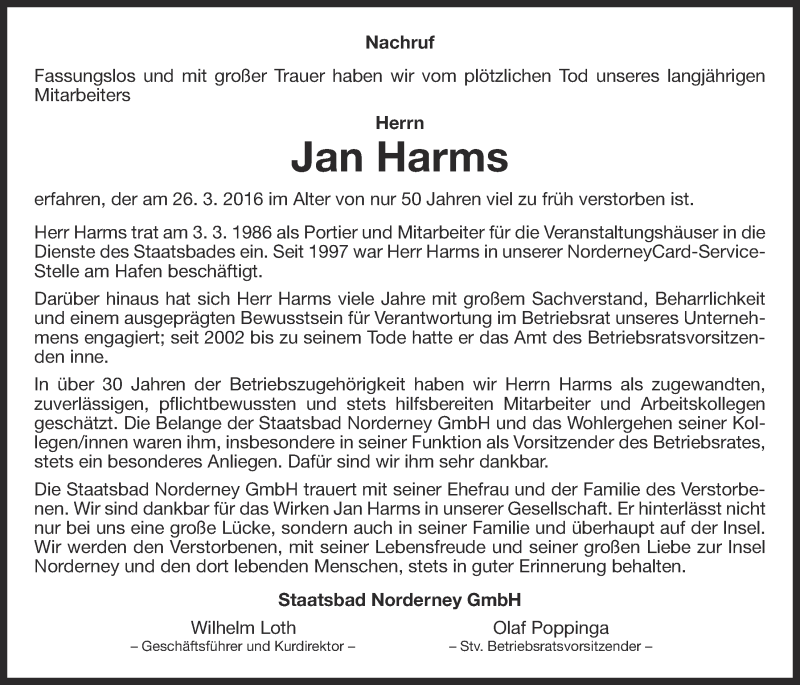  Traueranzeige für Jan Harms vom 31.03.2016 aus 