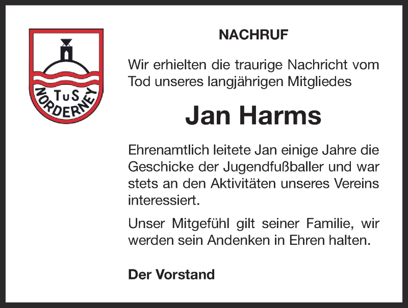  Traueranzeige für Jan Harms vom 31.03.2016 aus 