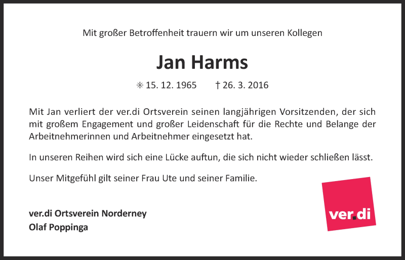  Traueranzeige für Jan Harms vom 31.03.2016 aus 