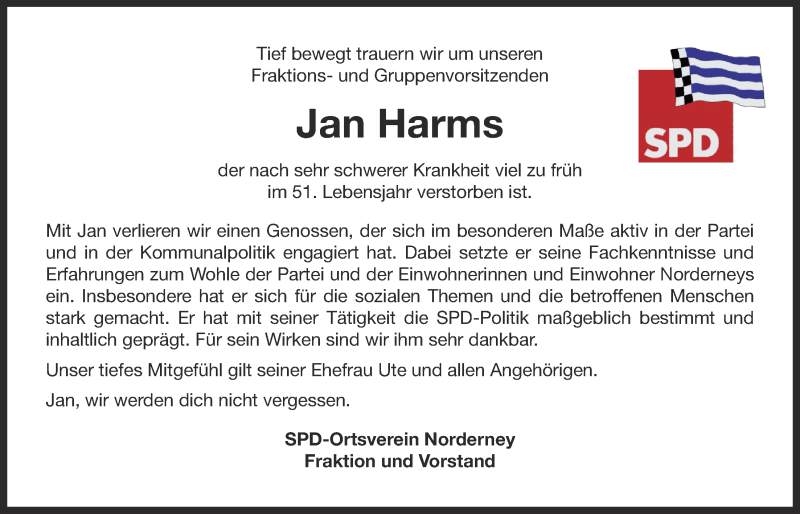  Traueranzeige für Jan Harms vom 31.03.2016 aus 