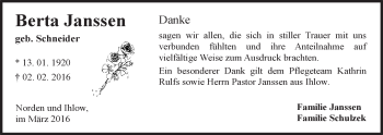 Traueranzeige von Berta Janssen 