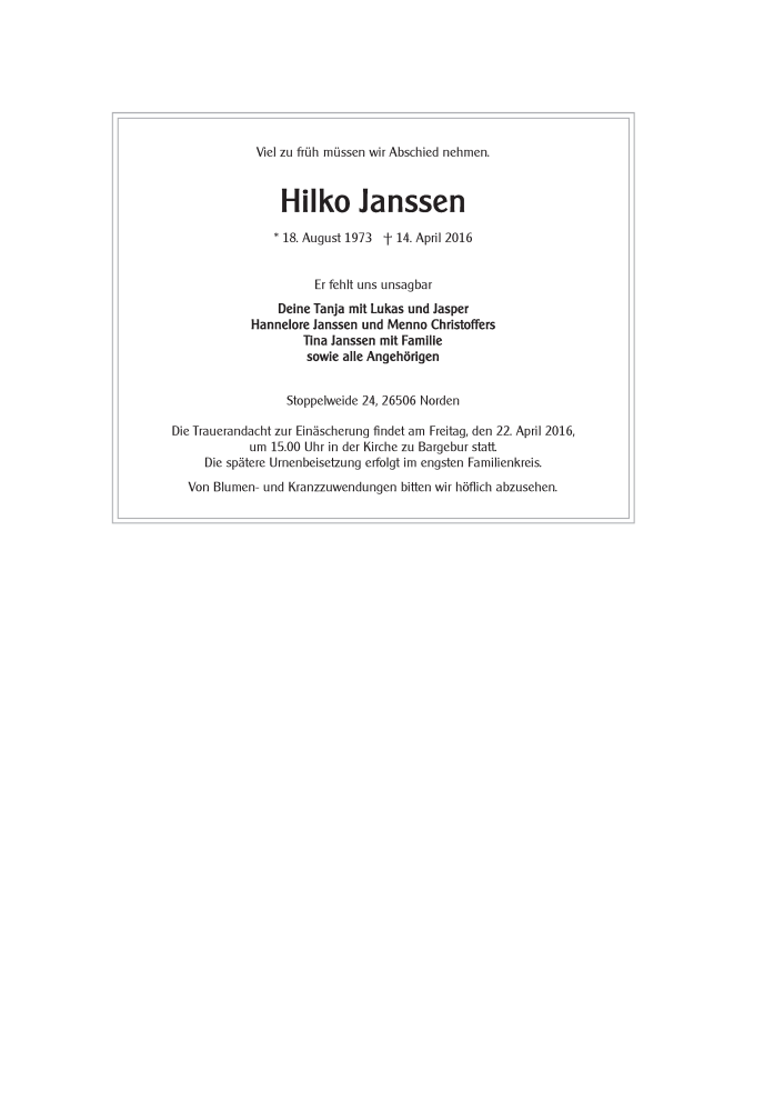  Traueranzeige für Hilko Janssen vom 16.04.2016 aus 