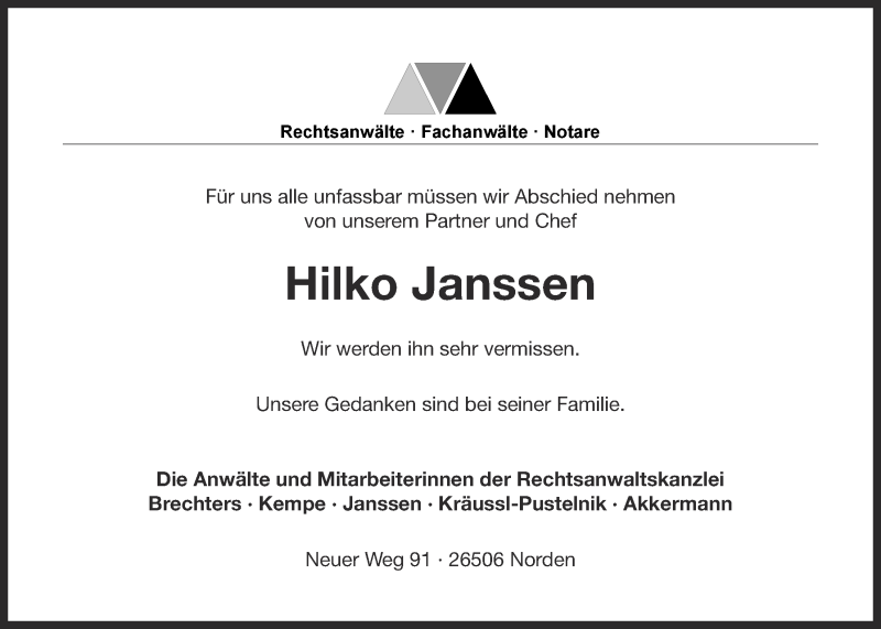  Traueranzeige für Hilko Janssen vom 19.04.2016 aus 