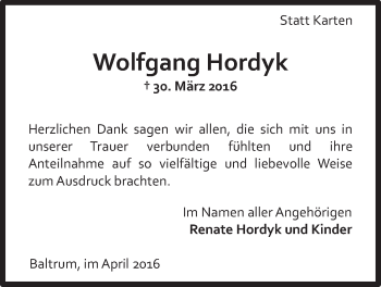 Traueranzeige von Wolfgang Hordyk 