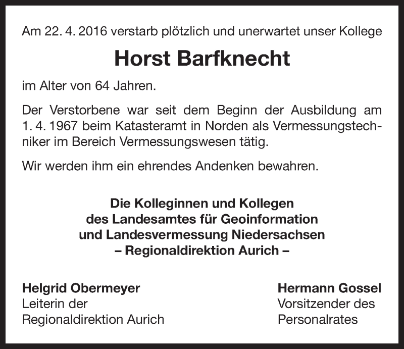  Traueranzeige für Horst Barfknecht vom 27.04.2016 aus 