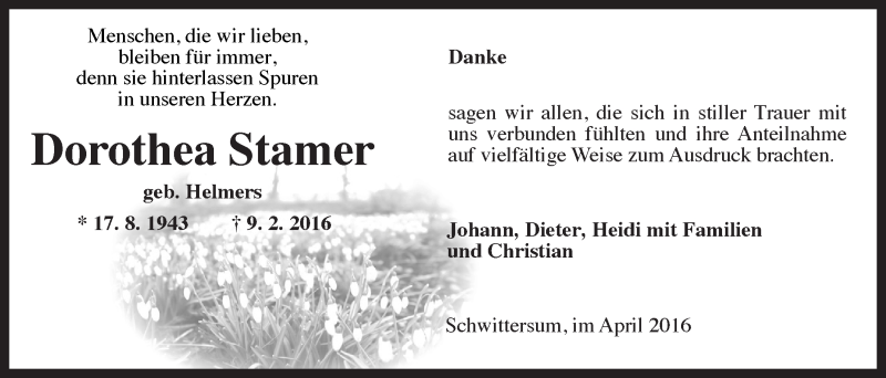  Traueranzeige für Dorothea Stamer vom 09.04.2016 aus 