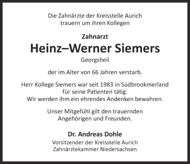  Traueranzeige für Heinz Werner Siemers vom 02.04.2016 aus 