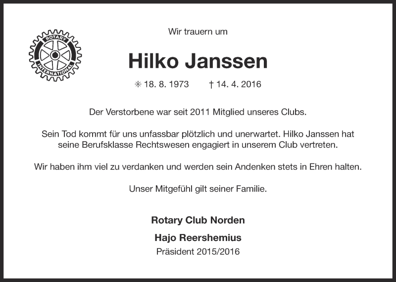  Traueranzeige für Hilko Janssen vom 16.04.2016 aus 