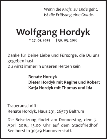 Traueranzeige von Wolfgang Hordyk 