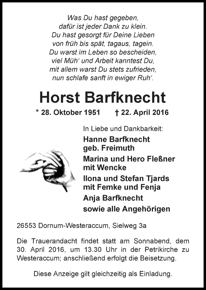  Traueranzeige für Horst Barfknecht vom 26.04.2016 aus 