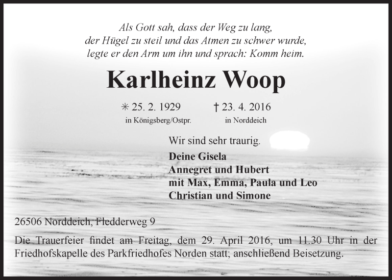  Traueranzeige für Karlheinz Woop vom 25.04.2016 aus 