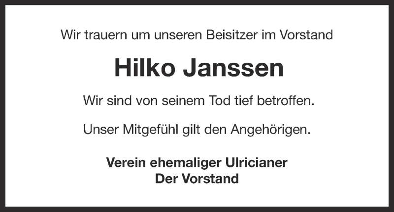  Traueranzeige für Hilko Janssen vom 19.04.2016 aus 
