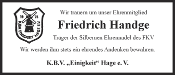 Traueranzeige von Friedrich Handge 