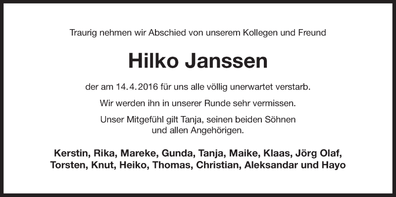  Traueranzeige für Hilko Janssen vom 19.04.2016 aus 