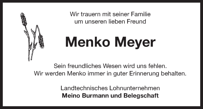  Traueranzeige für Menko Meyer vom 10.05.2016 aus 