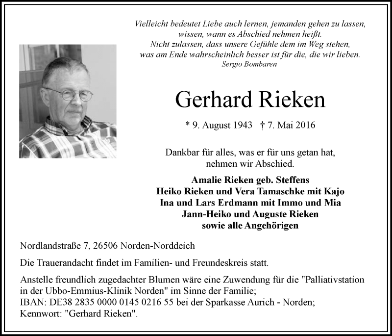  Traueranzeige für Gerhard Rieken vom 10.05.2016 aus 