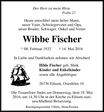 Traueranzeige von Wibbe Fischer 