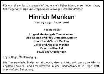 Traueranzeige von Hinrich Menken 