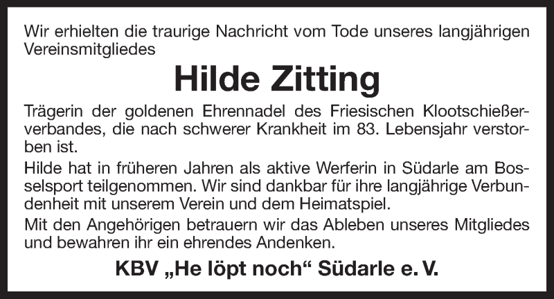  Traueranzeige für Hilde Zitting vom 10.05.2016 aus 