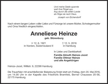 Traueranzeige von Anneliese Heinze 