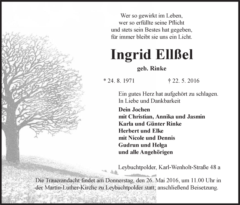  Traueranzeige für Ingrid Ellßel vom 24.05.2016 aus 