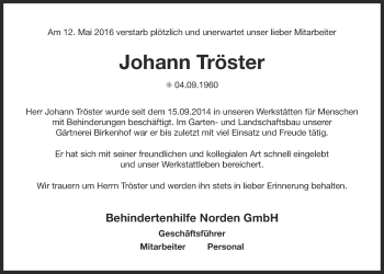 Traueranzeige von Johann Tröster 