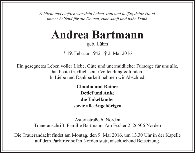  Traueranzeige für Andrea Bartmann vom 04.05.2016 aus 
