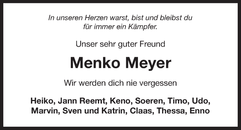  Traueranzeige für Menko Meyer vom 12.05.2016 aus 