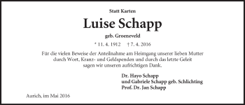Traueranzeige von Luise Schapp 