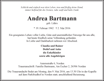 Traueranzeige von Andrea Bartmann 