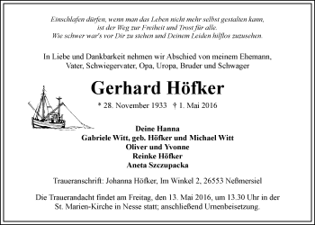 Traueranzeige von Gerhard Höfker 
