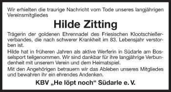 Traueranzeige von Hilde Zitting 
