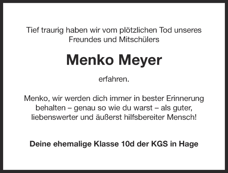  Traueranzeige für Menko Meyer vom 10.05.2016 aus 