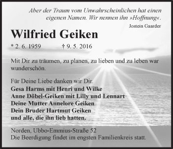 Traueranzeige von Wilfried Geiken 