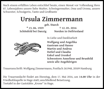 Traueranzeige von Ursula Zimmermann 