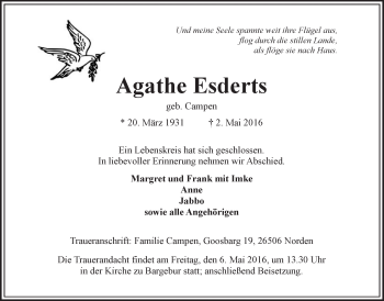 Traueranzeige von Agathe Esderts 