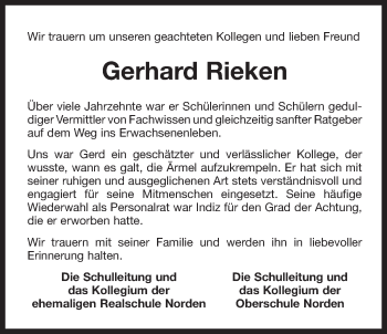 Traueranzeige von Gerhard Rieken 