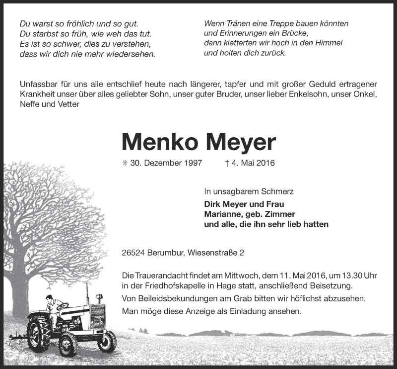  Traueranzeige für Menko Meyer vom 07.05.2016 aus 
