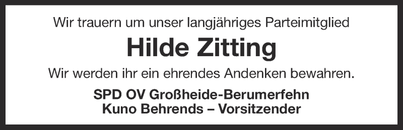  Traueranzeige für Hilde Zitting vom 10.05.2016 aus 