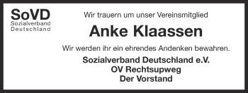Traueranzeige von Anke Klaassen 